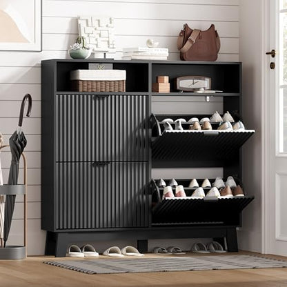 Shoe Cabinet Storage for Entryway with 4 Flip Drawers & Cubby, Black