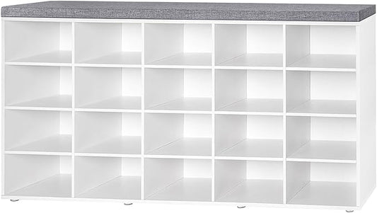 DINZI LVJ Shoe Storage Bench, 20-Cubby Shoe Rack Bench with Cushion, Fully Adjustable Shelves, Shoe Organizer for Closet, Entryway, Mudroom, Hallway and Garage, White