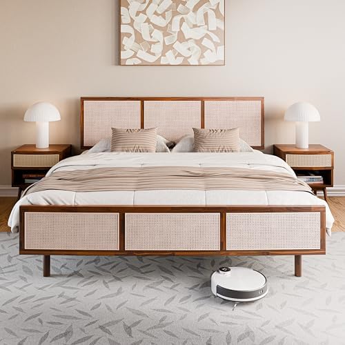 Bme Nancy King Size Bed Frame and Headboard, Unique Geometric Headboard, US Patent Pending Design, Mid Century Modern Style, Acacia Wood, 12 Slats, No Box Spring Needed, Easy Assembly, Dark Chocolate