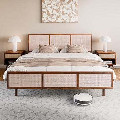 Bme Nancy King Size Bed Frame and Headboard, Unique Geometric Headboard, US Patent Pending Design, Mid Century Modern Style, Acacia Wood, 12 Slats, No Box Spring Needed, Easy Assembly, Dark Chocolate