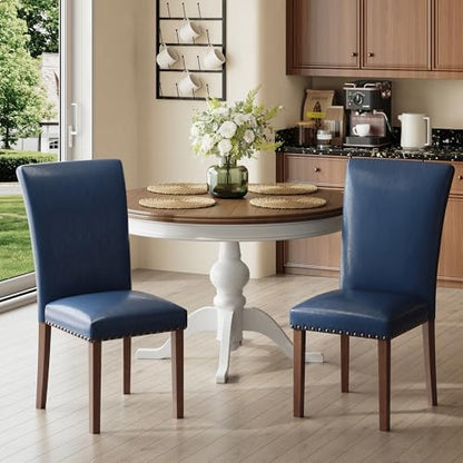 MALOL High Back Dining Chairs Set of 4, Leather Dining Room Chair with Wood Legs and Nailhead Trim, Modern Padded Kitchen Chairs for Dining Room/Restaurant, Blue