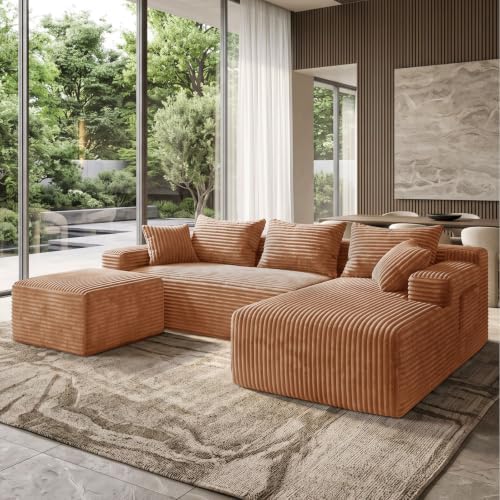 95 Inch Corduroy Boneless Cloud Sectional Sofa, Tatami Style Modular, Vertical Striped Frameless Deep Seat, Plush Cushions with Side Storage, Compressed No Assembly for Living Room & Apartment