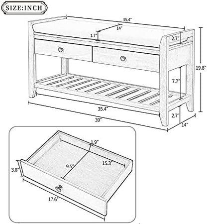 Merax Farmhouse Wood Shoe Bench with Storage and Seat Cushion Entryway Bench with Shoe Shelf and Drawers White