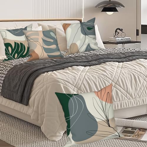 Abstract Leaves Throw Pillow Covers 16''x16'' Set of 4, Geometric Pattern Cushion Covers Minimalist Tropical Palm Trees Pillowcases for Couch Sofa Bedroom Farmhouse Livingroom Garden Patio