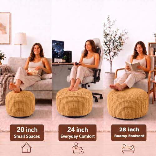 Round Pouf Ottoman, Camel, 28"x14", Corduroy Foot Rest