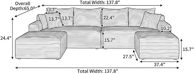 138" Oversized U Shaped Cloud Boneless Sofa Couch with Reversible Ottomans, Plush Corduroy Modular Sectional Sofa with Deep Seat, Compressed Couch for Living Room, No Assembly Required