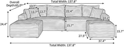 138" Oversized U Shaped Cloud Boneless Sofa Couch with Reversible Ottomans, Plush Corduroy Modular Sectional Sofa with Deep Seat, Compressed Couch for Living Room, No Assembly Required