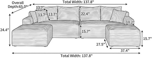 138" Oversized U Shaped Cloud Boneless Sofa Couch with Reversible Ottomans, Plush Corduroy Modular Sectional Sofa with Deep Seat, Compressed Couch for Living Room, No Assembly Required