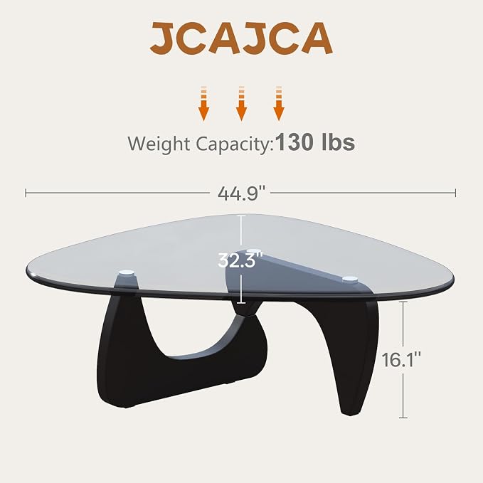 Coffee Table for Living Room Mid Century Modern Center Small Table with Glass Top and Wood, Black Transparent(45 Inch)