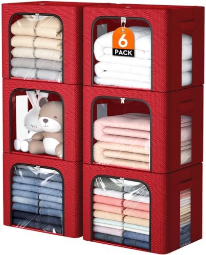 6 Pack Clothes Storage Bins with Metal Frame, Red, 40L