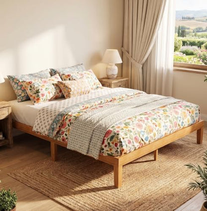 OLIXIS 12 Inch Queen Size Solid Wood Platform Bed Frame, Honey Wood