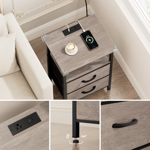 Vagusicc Nightstand with Charging Station, Side Table with 2 Fabric Drawers, Bedside Table with Open Shelf, 24.2" Tall End Table with USB Ports and Outlets, Night Stand for Bedroom, Greige