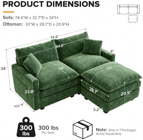 74" Cloud Loveseat with Movable Ottoman, L Shaped Modular Sectional Sofa