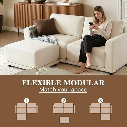 79" L-Shaped Modular Couch, 2 Seater Sofa with Ottoman, White