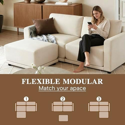 79" L-Shaped Modular Couch, 2 Seater Sofa with Ottoman, White