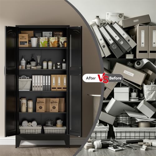 71" Metal Storage Cabinet with 5 Adjustable Shelves, Arch‑Curve Black