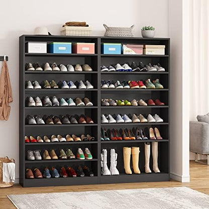 Tribesigns 2PCS Shoe Cabinet, 9 Tiers 40-45 Pairs Heavy Duty Wood Freestanding Shoe Storage Cabinet, 70.8'' Tall Shoe Cabinet with Open Storage for Entryway (Black)