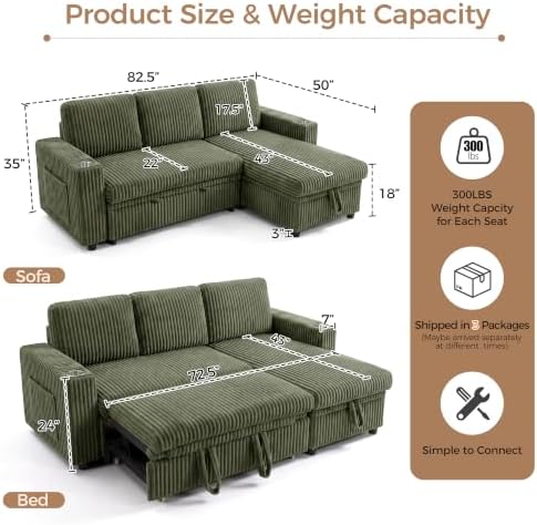 82.5" Pull Out Sleeper Sofa Bed with Storage Chaise, Green