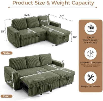 82.5" Pull Out Sleeper Sofa Bed with Storage Chaise, Green