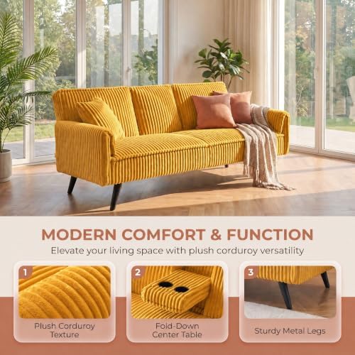 Corduroy Futon Sofa Bed, Convertible Couch with Cup Holders, Yellow