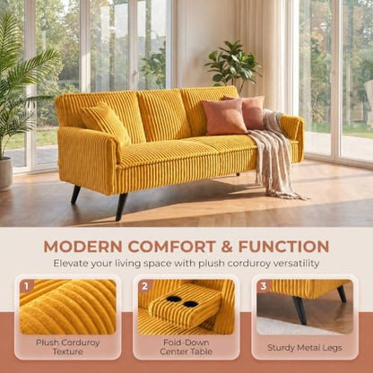 Corduroy Futon Sofa Bed, Convertible Couch with Cup Holders, Yellow