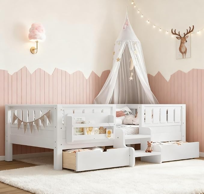 Bellemave Twin Size Kids Bed with high Rails and with Built-in Bookshelf and Drawers for Kids, Girls, Boys, Wood Montessori Bed Without Door, White