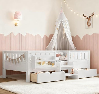 Bellemave Twin Size Kids Bed with high Rails and with Built-in Bookshelf and Drawers for Kids, Girls, Boys, Wood Montessori Bed Without Door, White