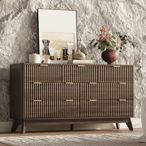 54" Wide Fluted 7 Drawers Dresser for Bedroom,with Curved Edge,Walnut