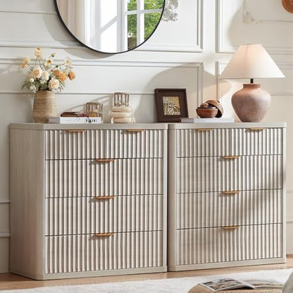 LEYAOYAO Fluted 5 Drawers Dresser for Bedroom Set of 2, 34" Tall Modern Chest of Drawers with Metal Handle, Curved Profile Design,Wood Drawer Organizer for Bedroom, Living Room, Hallway,Lightgrey