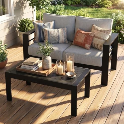 Aluminum Patio Furniture Set, All Weather Patio Sofa with 10" Back Cushion