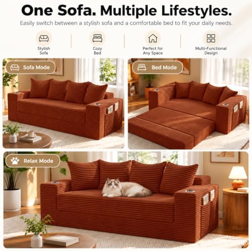 77" Convertible Sofa Bed, Boneless Pull-Out Sleeper Couch, Orange