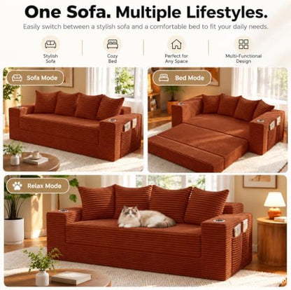 77" Convertible Sofa Bed, Boneless Pull-Out Sleeper Couch, Orange