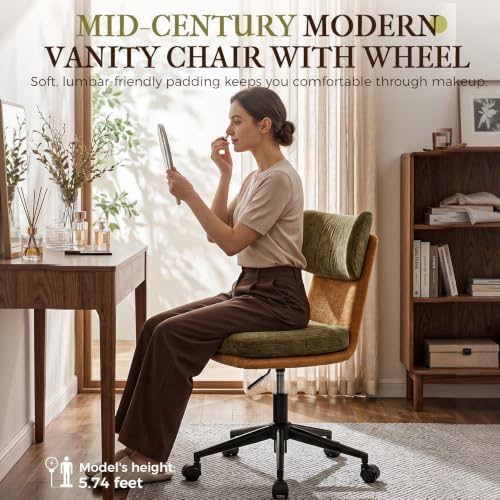 COMHOMA Home Office Desk Chairs with Ergonomic Curved Backrest, Mid Century Modern Vanity Chair with Wheel for Bedroom, Chenille Upholstered, Green