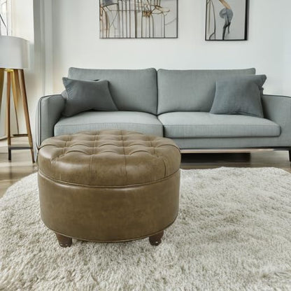 HomePop 25" Button Tufted Round Storage Ottoman - Brown Faux Leather