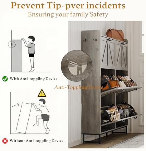 Wodeer Shoe Cabinet Storage for Entryway, Shoe Storage Cabinet with 6 Flip Drawers, Freestanding Narrow Shoe Rack Organizer with Metal Legs, Adjustable Shelves & Open Storage for Foyer, Hallway, Grey