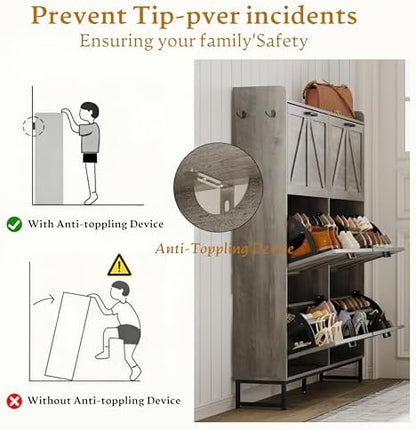 Wodeer Shoe Cabinet Storage for Entryway, Shoe Storage Cabinet with 6 Flip Drawers, Freestanding Narrow Shoe Rack Organizer with Metal Legs, Adjustable Shelves & Open Storage for Foyer, Hallway, Grey