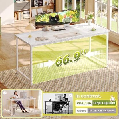 PRAISUN 70 Inch Computer Desk, Office Desk, Spacious Desktop, White