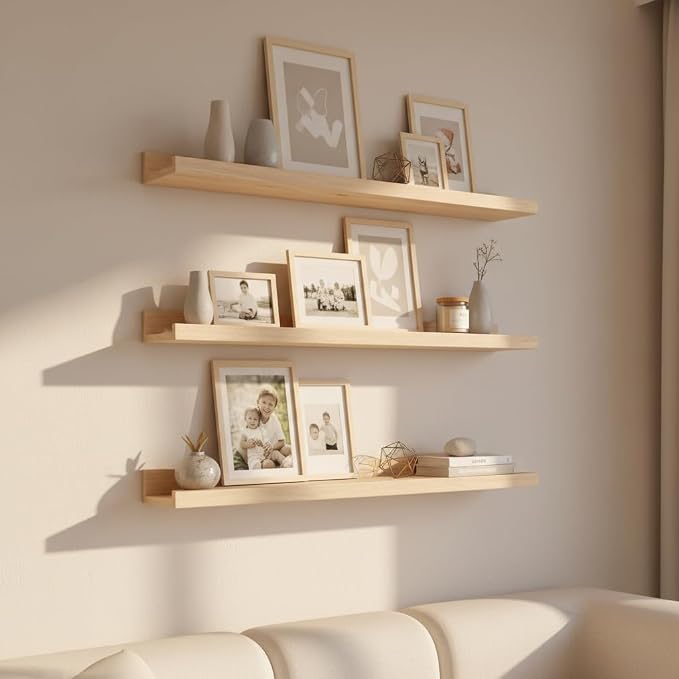 MBYD 36 Inch Natural Wood Floating Picture Ledge Shelf, Wall Mounted Nursery Bookshelf for Kids Books, Vinyl Records & Photo Display, Rustic Farmhouse Wall Decor for Bedroom, Living Room & Nursery
