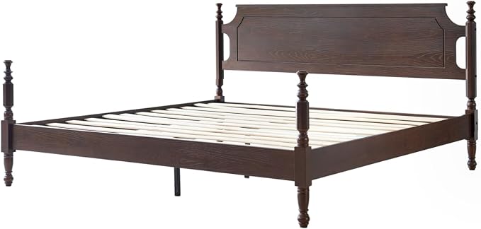 Solid Wood Queen Size Platform Bed Frame with Headboard & Footboard, Center Metal Legs, 12 Heavy-Duty Slats, Noise-Free, No Box Spring Needed, Easy Assembly, Dark Roast Oak Finish, ROQ-32