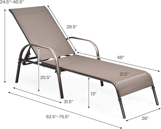 Giantex Patio Lounge Chair, Outdoor Chaise Lounge with 5 Adjustable Backrest, Sturdy Metal Frame, Sunbathing Recliner, Tanning Chairs for Outside, Beach, Yard, Balcony, Poolside, Brown