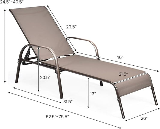 Giantex 2 Pack Patio Lounge Chair, Outdoor Chaise Lounge with 5 Adjustable Backrest, Sturdy Steel Frame, Sunbathing Recliner, Beach Chair, Tanning Chair for Outside, Yard, Balcony, Pool Chairs, Brown