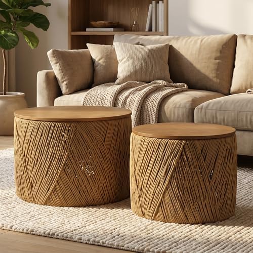 23.75" Round Wooden Nesting Coffee Table Set of 2, Walnut
