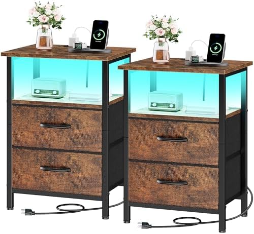 Vagusicc Nightstands Set of 2 Charging Station, End Tables with LED Lights, Bedside Table with 2 Fabric Drawers & Storage Shelves, 24.2" Tall Side Table Night Stand Set 2 for Bedroom, Rustic Brown