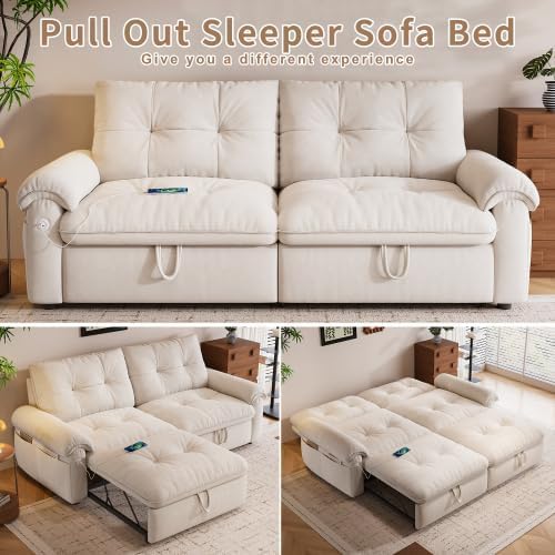 77" Convertible Queen Sofa Bed with USB Port & Side Pockets, White
