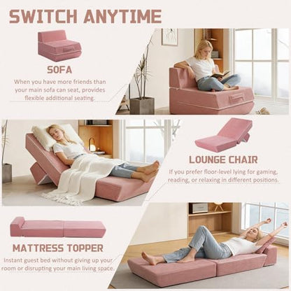 Trenda 16.75 lbs Folding Convertible Sleeper Chair for Small Spaces, Pink