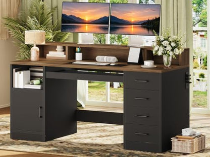 RALGEND 55" Office Desk with Drawers, Farmhouse Executive Desk with Drawers