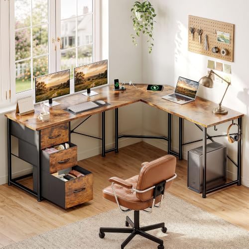 DurayLoly 62“ L Shaped Gaming Desk with Power Strip,3 Drawers&Side Hooks