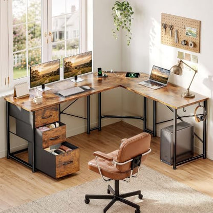DurayLoly 62“ L Shaped Gaming Desk with Power Strip,3 Drawers&Side Hooks