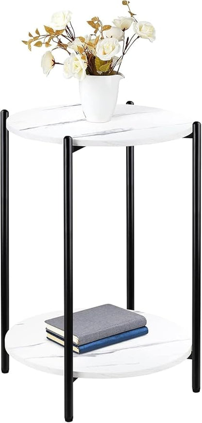 Faux Marble End Table, White Black Side Table, Marble Nightstand | Modern Accent Table, Round Design, Black Metal Frame, Living Room Bedroom Decor, 1 Piece
