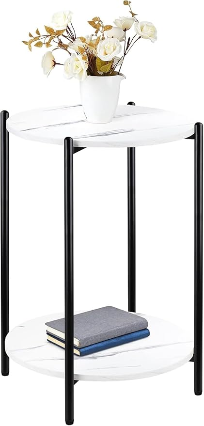Faux Marble End Table, White Black Side Table, Marble Nightstand | Modern Accent Table, Round Design, Black Metal Frame, Living Room Bedroom Decor, 1 Piece